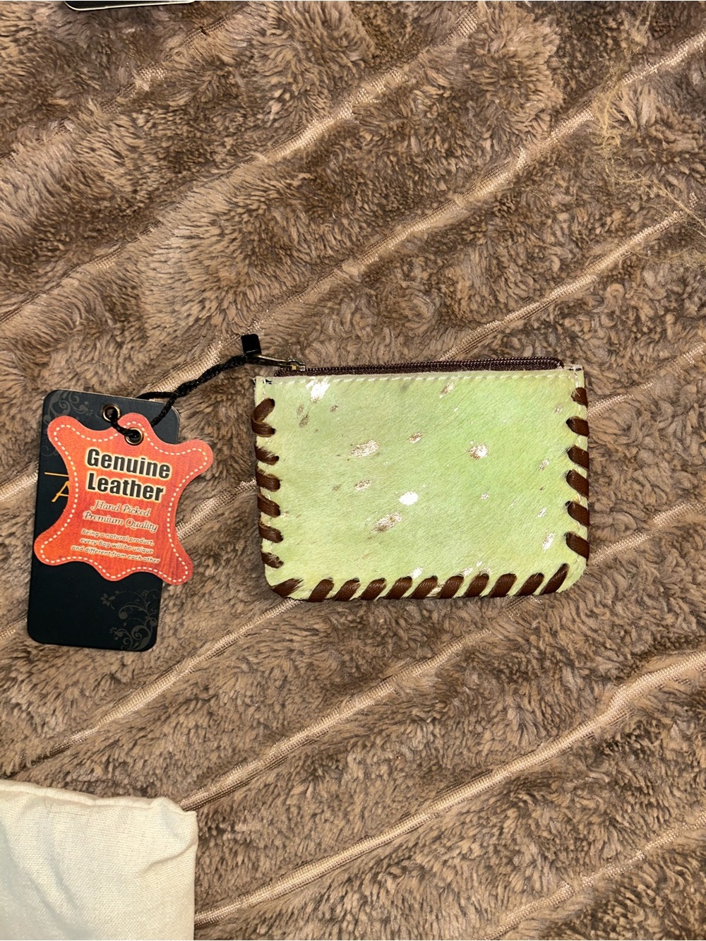 American Darling Light Green Haircalf Zip Cosmetic Pouch with Brown Trim